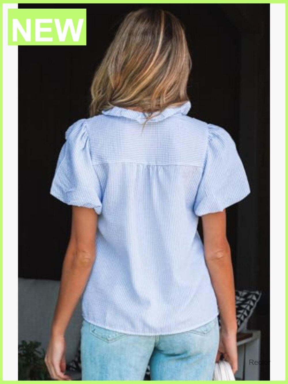 Striped Ruffle Mock Neck Button Down Blouse Long Sleeve - Picture 4 of 7